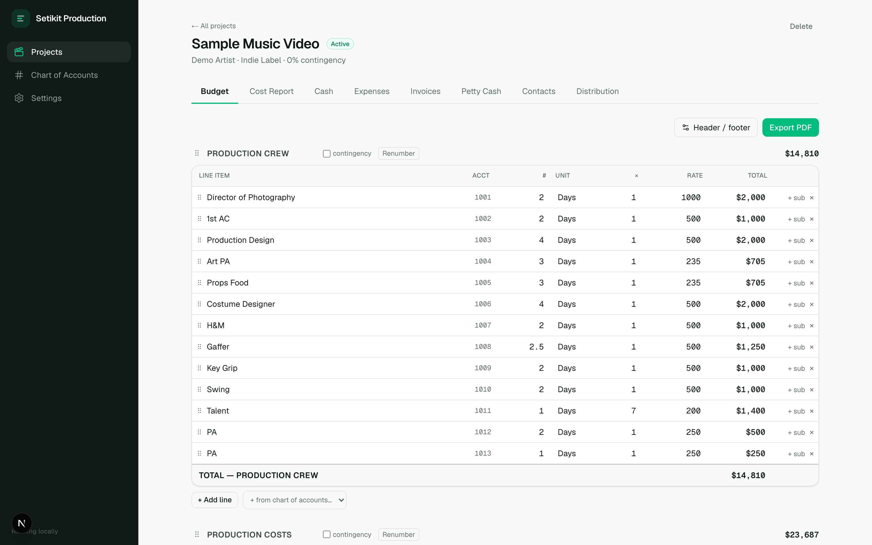 Setikit Production budget builder grouped by department with line items and totals
