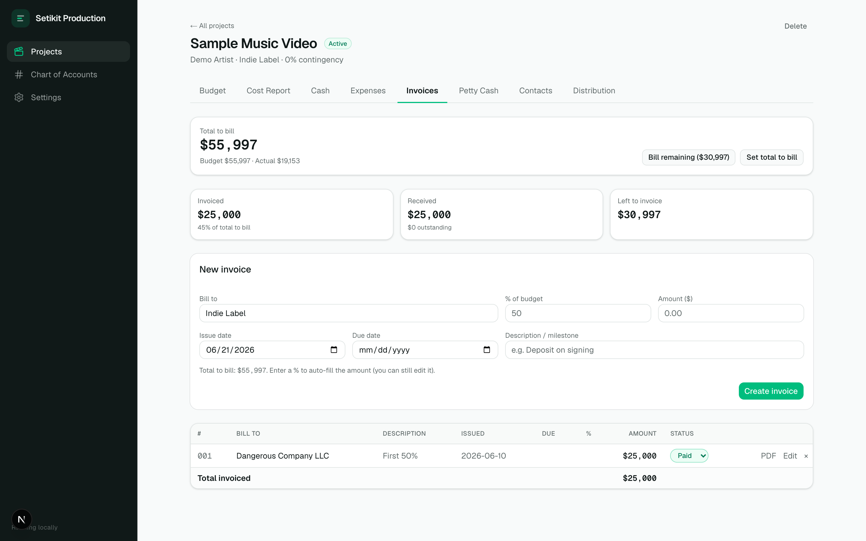 Setikit Production invoices view showing billing target, invoices, and status